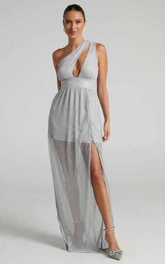 Showpo Anicee Cut Out One Shoulder Plisse Maxi Dress In Silver 1 Showpo Anicee Cut Out One Shoulder Plisse Maxi Dress In Silver