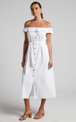 Showpo Anka Midi Dress - Off Shoulder Tie Waist Button Down Dress In White 9 Showpo Anka Midi Dress - Off Shoulder Tie Waist Button Down Dress In White -Showpo Women's Clothing Store Anka Off Shoulder Waist Tie Button Down Midi Dress in White 2528SD22070030012529 2