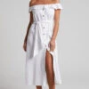 Showpo Anka Midi Dress - Off Shoulder Tie Waist Button Down Dress In White
