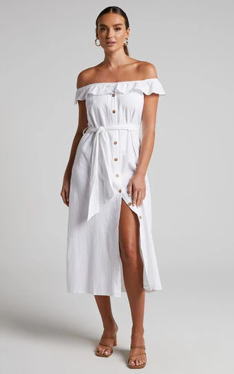 Showpo Anka Midi Dress - Off Shoulder Tie Waist Button Down Dress In White 1 Showpo Anka Midi Dress - Off Shoulder Tie Waist Button Down Dress In White