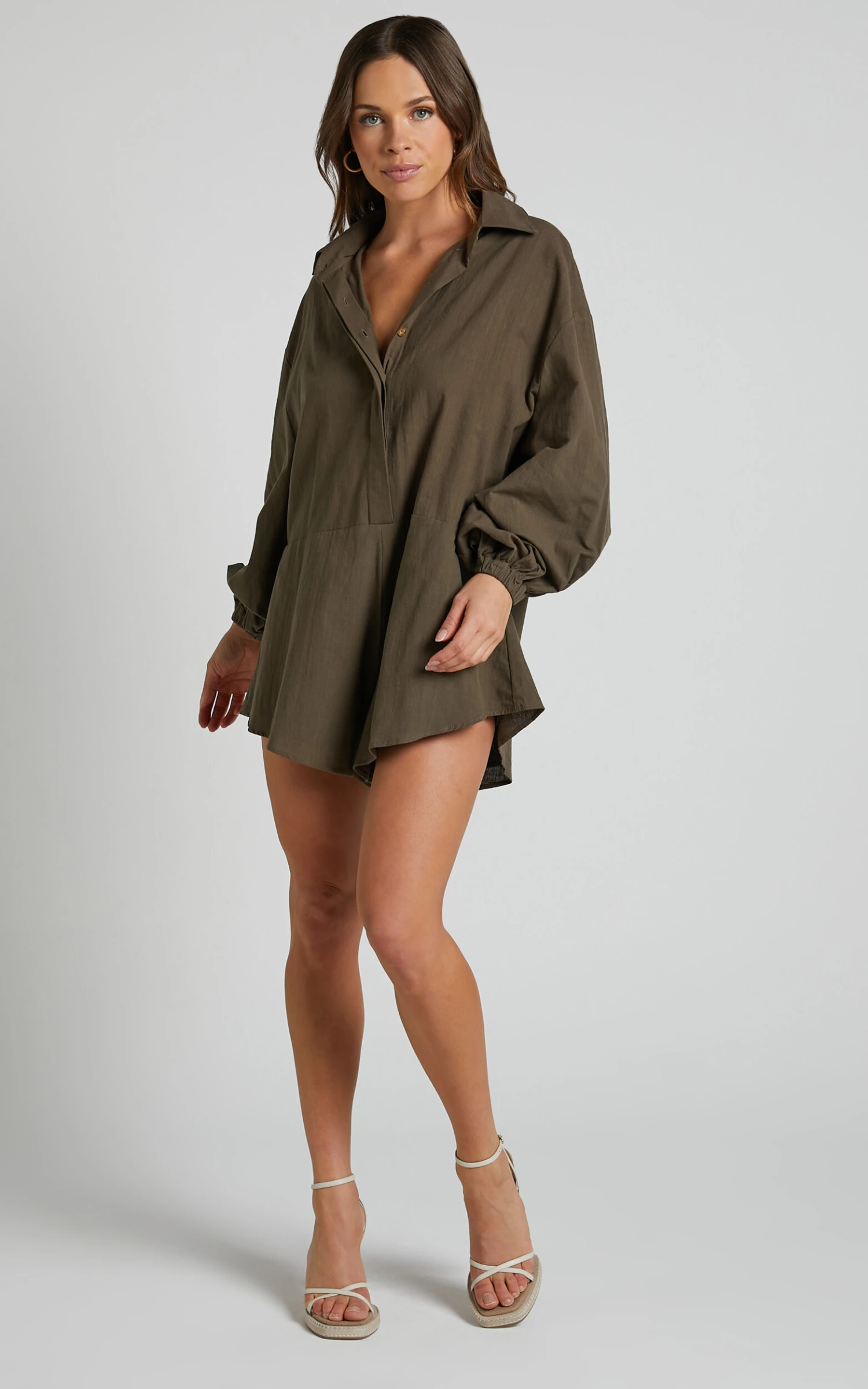 Showpo Anka Playsuit - Relaxed Button Front Shirt Playsuit In Khaki 3 Showpo Anka Playsuit - Relaxed Button Front Shirt Playsuit In Khaki - Image 3