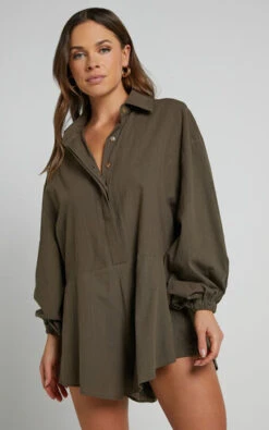 Showpo Anka Playsuit - Relaxed Button Front Shirt Playsuit In Khaki