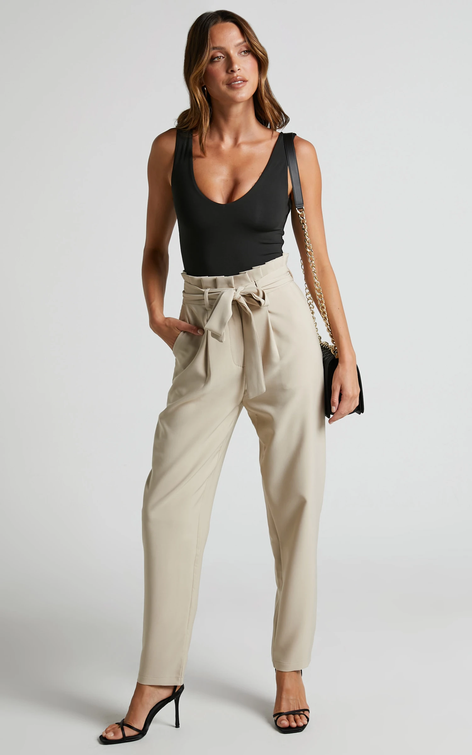 Showpo Annalise - High Waisted Paper Bag Waist Pants In Stone 6 Showpo Annalise - High Waisted Paper Bag Waist Pants In Stone - Image 6