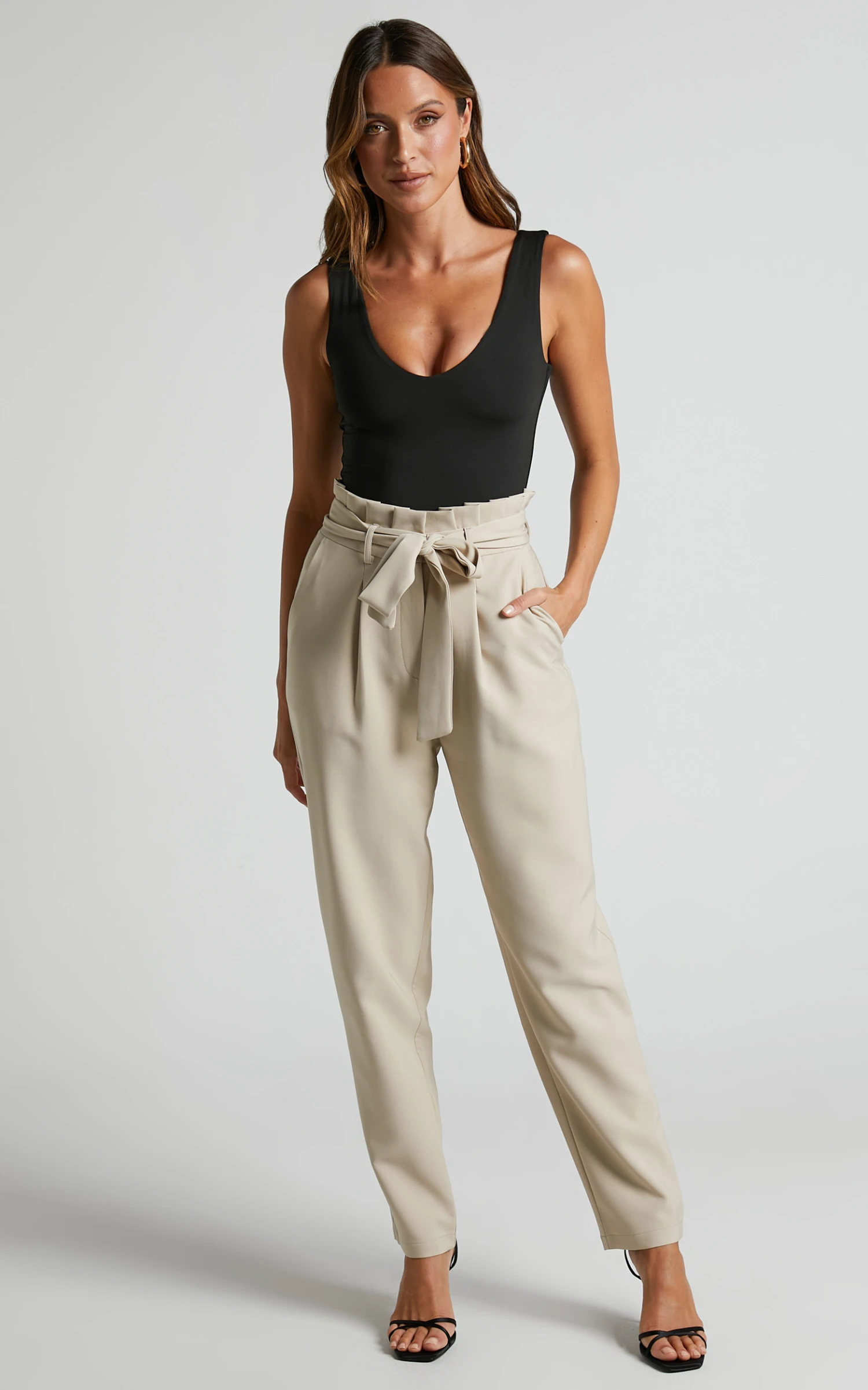 Showpo Annalise - High Waisted Paper Bag Waist Pants In Stone 3 Showpo Annalise - High Waisted Paper Bag Waist Pants In Stone - Image 3