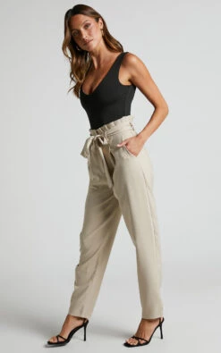 Showpo Annalise - High Waisted Paper Bag Waist Pants In Stone 13 Showpo Annalise - High Waisted Paper Bag Waist Pants In Stone -Showpo Women's Clothing Store Annalise Paper Bag Waist Pants in Stone 4