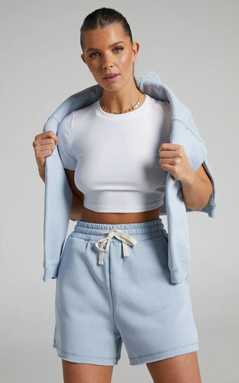 Showpo Annie Fleece Track Shorts In Blue 1 Showpo Annie Fleece Track Shorts In Blue
