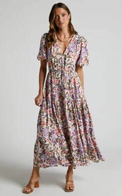 Showpo Annika Button Front V-Neck Short Sleeve Midi Dress In Pink And Purple Floral -Showpo Women's Clothing Store Annika Button Front V Neck Short Sleeve Midi Dress in Pink and Purple Floral 3