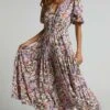 Showpo Annika Button Front V-Neck Short Sleeve Midi Dress In Pink And Purple Floral
