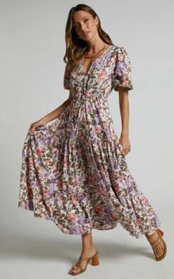 Showpo Annika Button Front V-Neck Short Sleeve Midi Dress In Pink And Purple Floral