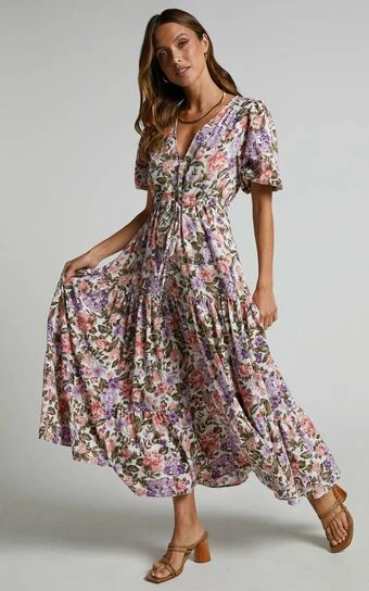 Showpo Annika Button Front V-Neck Short Sleeve Midi Dress In Pink And Purple Floral
