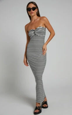 Showpo Aravis Twist Detail Strapless Midi Dress In Black And White Stripe