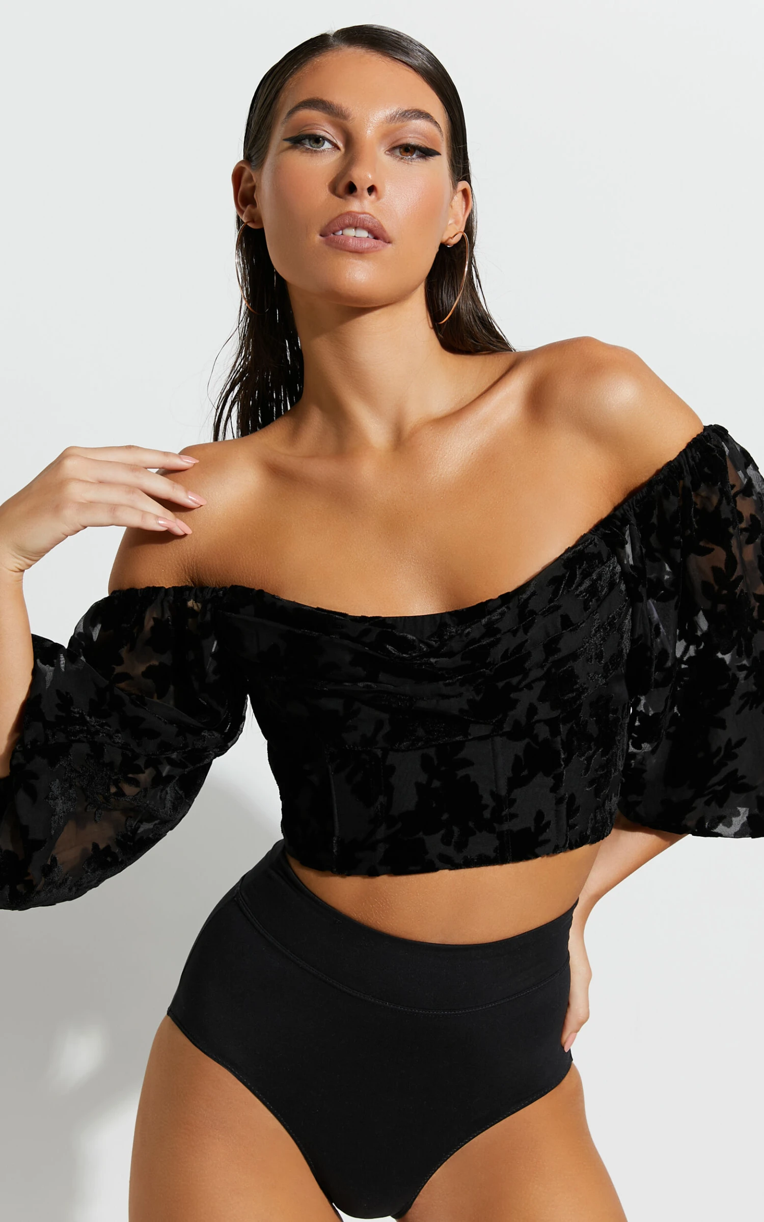 Showpo Arisa Off Shoulder Velvet Burnout Long Sleeve Top In Black 2 Showpo Arisa Off Shoulder Velvet Burnout Long Sleeve Top In Black - Image 2