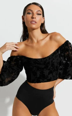 Showpo Arisa Off Shoulder Velvet Burnout Long Sleeve Top In Black