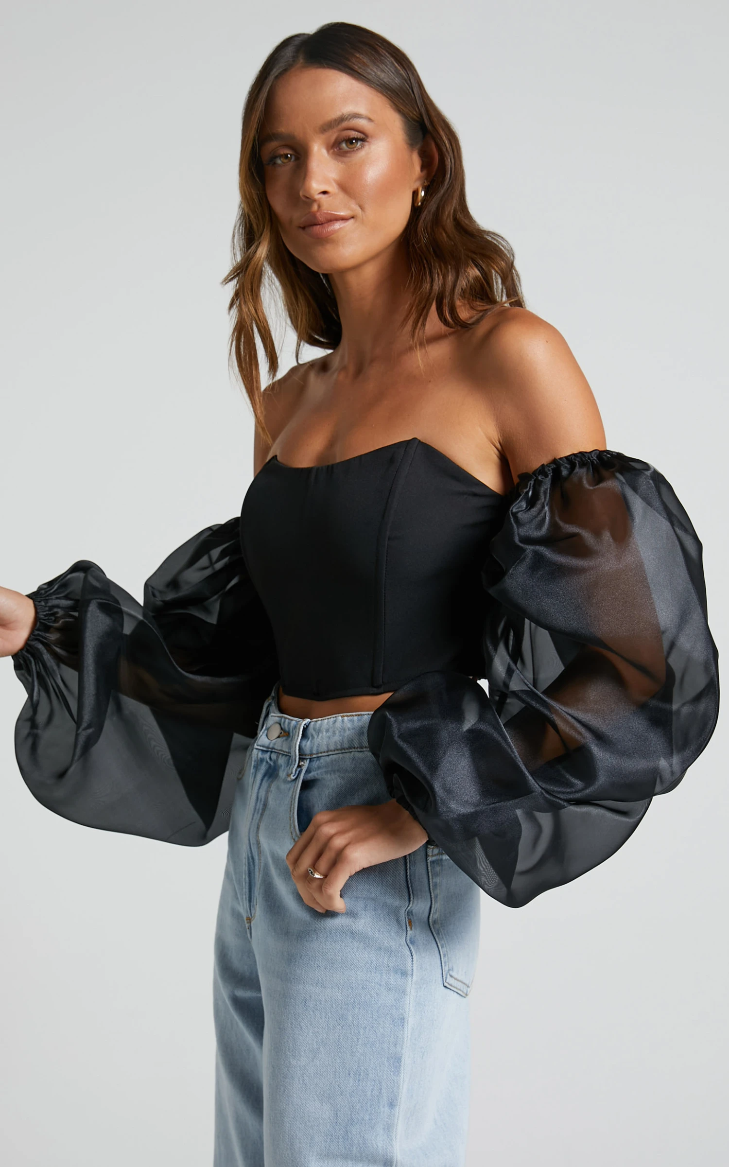 Showpo Armanda Top - Sheer Puff Sleeve Corset Bustier Crop Top In Black 4 Showpo Armanda Top - Sheer Puff Sleeve Corset Bustier Crop Top In Black - Image 4