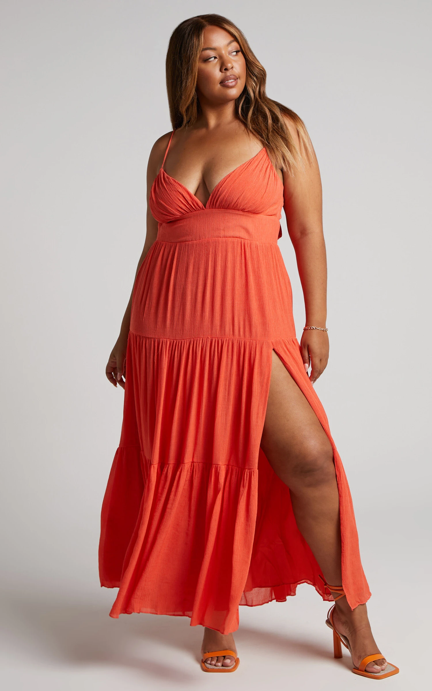 Showpo Armande Maxi Dress - Tie Back Tiered Dress In Orange - Image 3