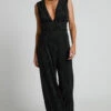 Showpo Armida Plunge Neck Wide Leg Plisse Jumpsuit In Black
