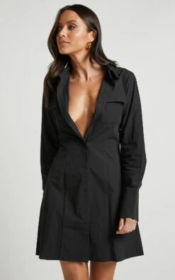 Showpo Ashima A-Line Panelled Shirt Dress In Black -Showpo Women's Clothing Store Ashima A Line Panelled Shirt Dress in Black 4