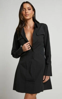 Showpo Ashima A-Line Panelled Shirt Dress In Black