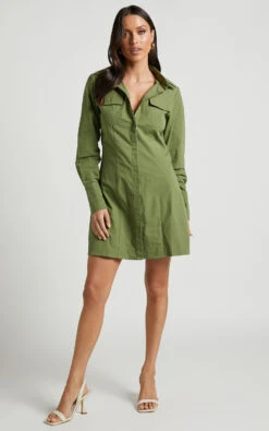 Showpo Ashima A-Line Panelled Shirt Dress In Khaki -Showpo Women's Clothing Store Ashima A Line Panelled Shirt Dress in Khaki