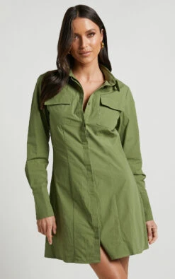 Showpo Ashima A-Line Panelled Shirt Dress In Khaki -Showpo Women's Clothing Store Ashima A Line Panelled Shirt Dress in Khaki 4