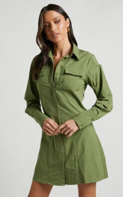Showpo Ashima A-Line Panelled Shirt Dress In Khaki