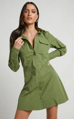 Showpo Ashima A-Line Panelled Shirt Dress In Khaki -Showpo Women's Clothing Store Ashima A Line Panelled Shirt Dress in Khaki 8