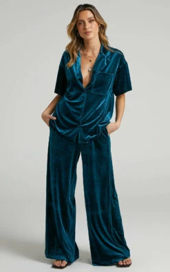 Showpo Aspen High Waisted Elastic Waist Wide Leg Pant In Petrol Velvet 12 Showpo Aspen High Waisted Elastic Waist Wide Leg Pant In Petrol Velvet -Showpo Women's Clothing Store Aspen Elastic Waist Wide Leg Pant in Petrol Velvet 2528SB21060004012529 1