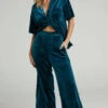 Showpo Aspen High Waisted Elastic Waist Wide Leg Pant In Petrol Velvet