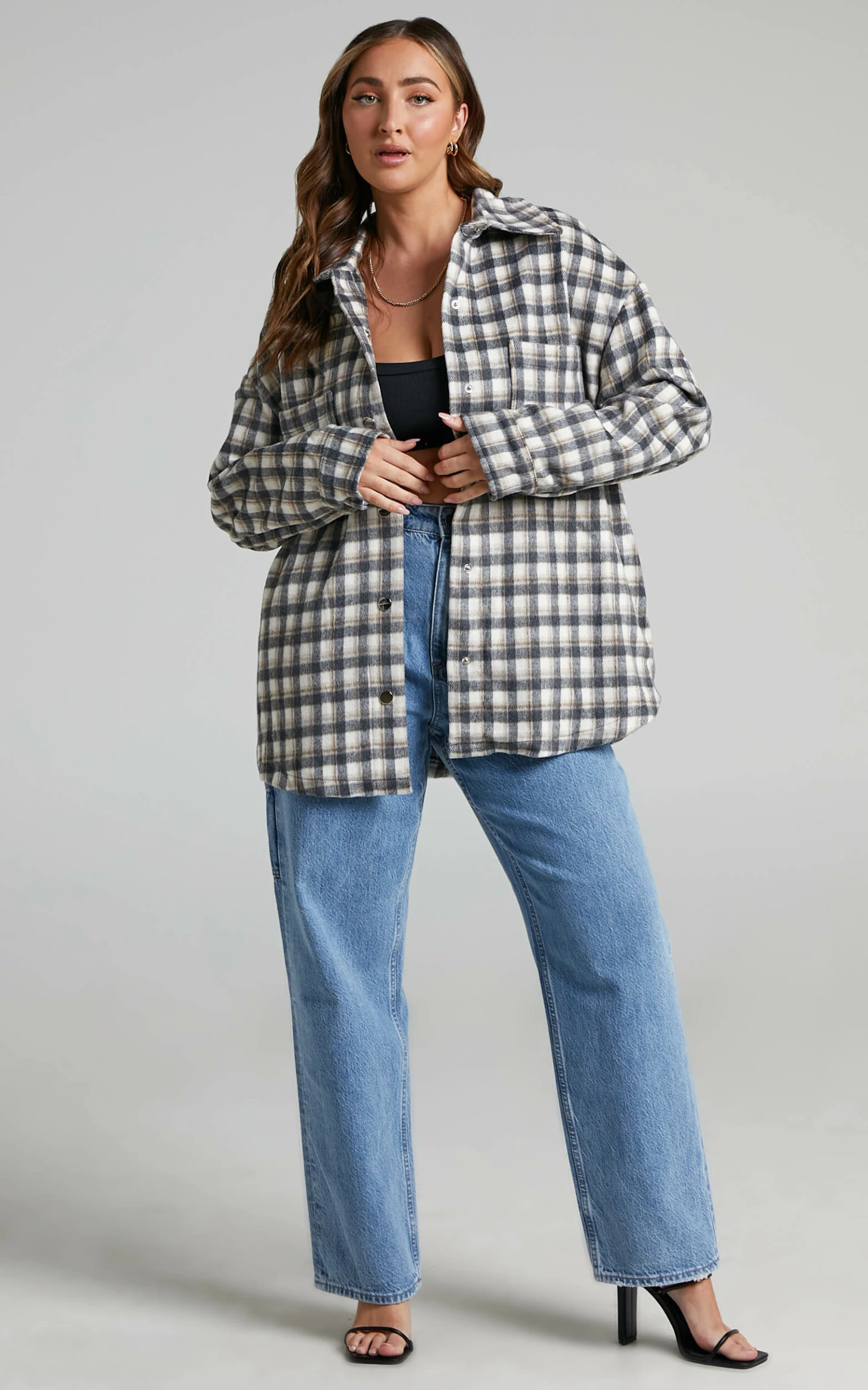 Showpo Aurea Oversized Check Shacket In Black & Grey 3 Showpo Aurea Oversized Check Shacket In Black & Grey - Image 3