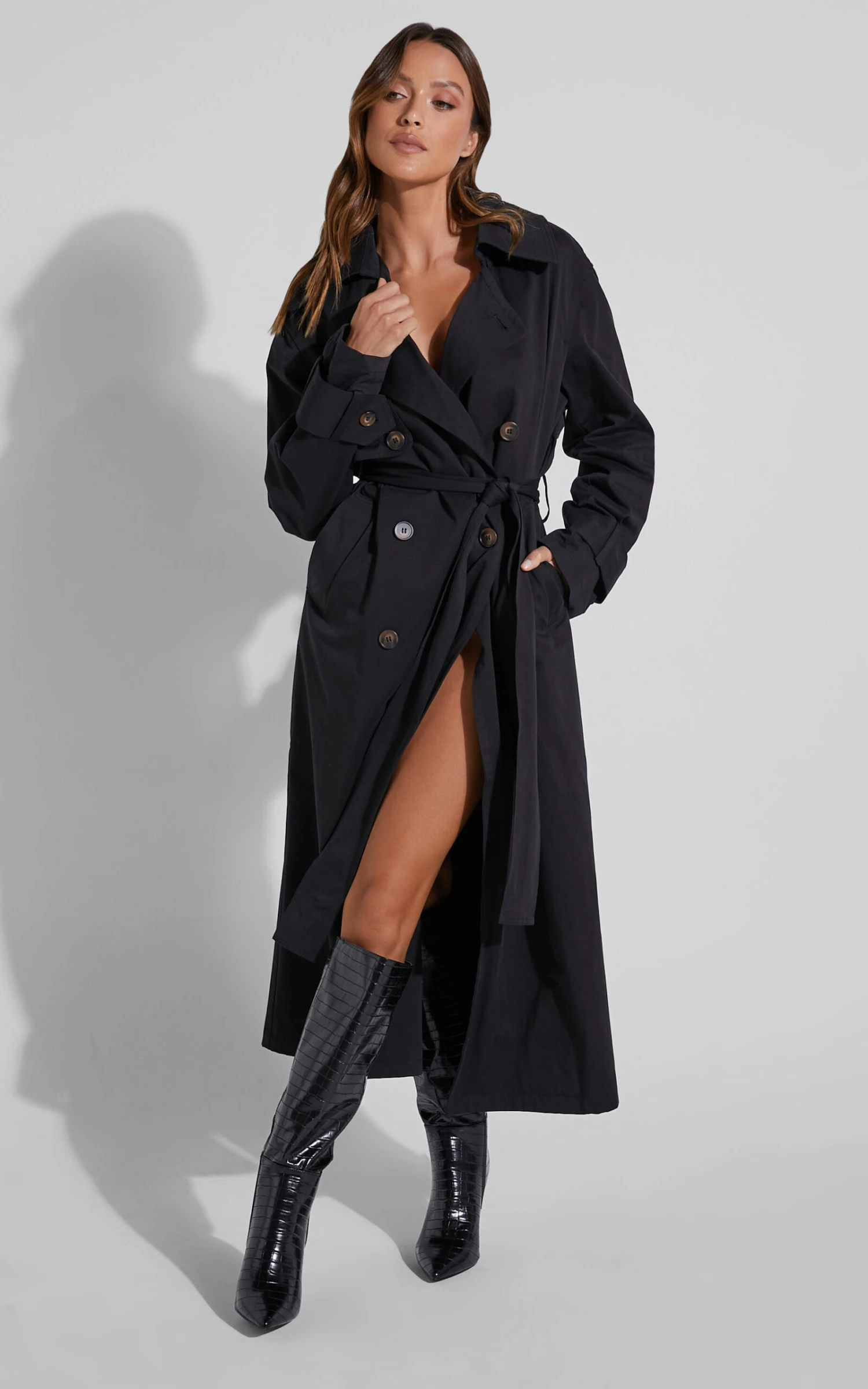 Showpo Avah Trench Coat - Double Breasted Tie Waist Coat In Black 2 Showpo Avah Trench Coat - Double Breasted Tie Waist Coat In Black - Image 2