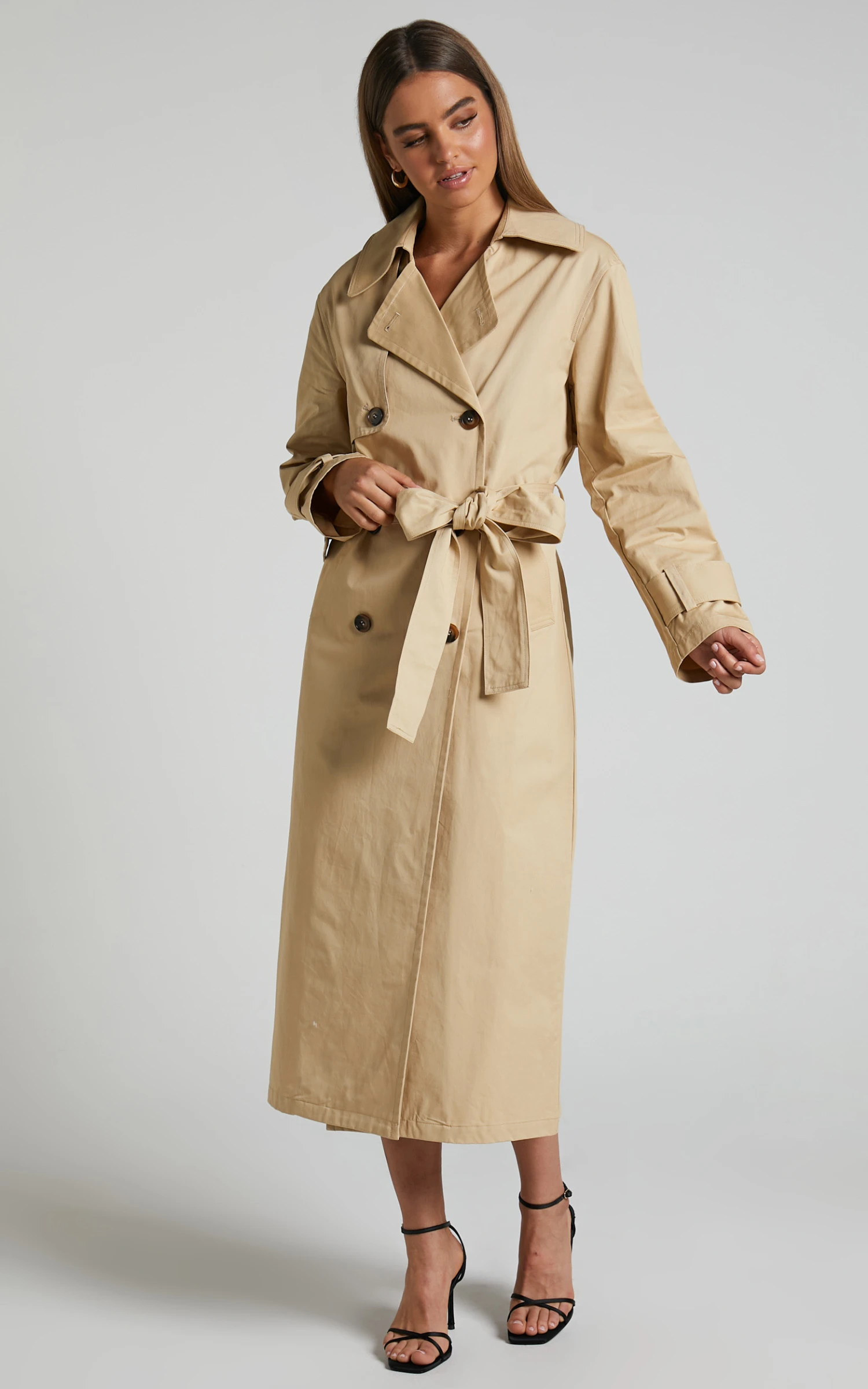 Showpo Avah Trench Coat - Double Breasted Tie Waist Coat In Camel - Image 4
