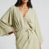 Showpo Ayelin Mini Dress - Kimono Sleeve Wrap Dress In Light Khaki