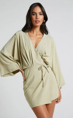 Showpo Ayelin Mini Dress - Kimono Sleeve Wrap Dress In Light Khaki