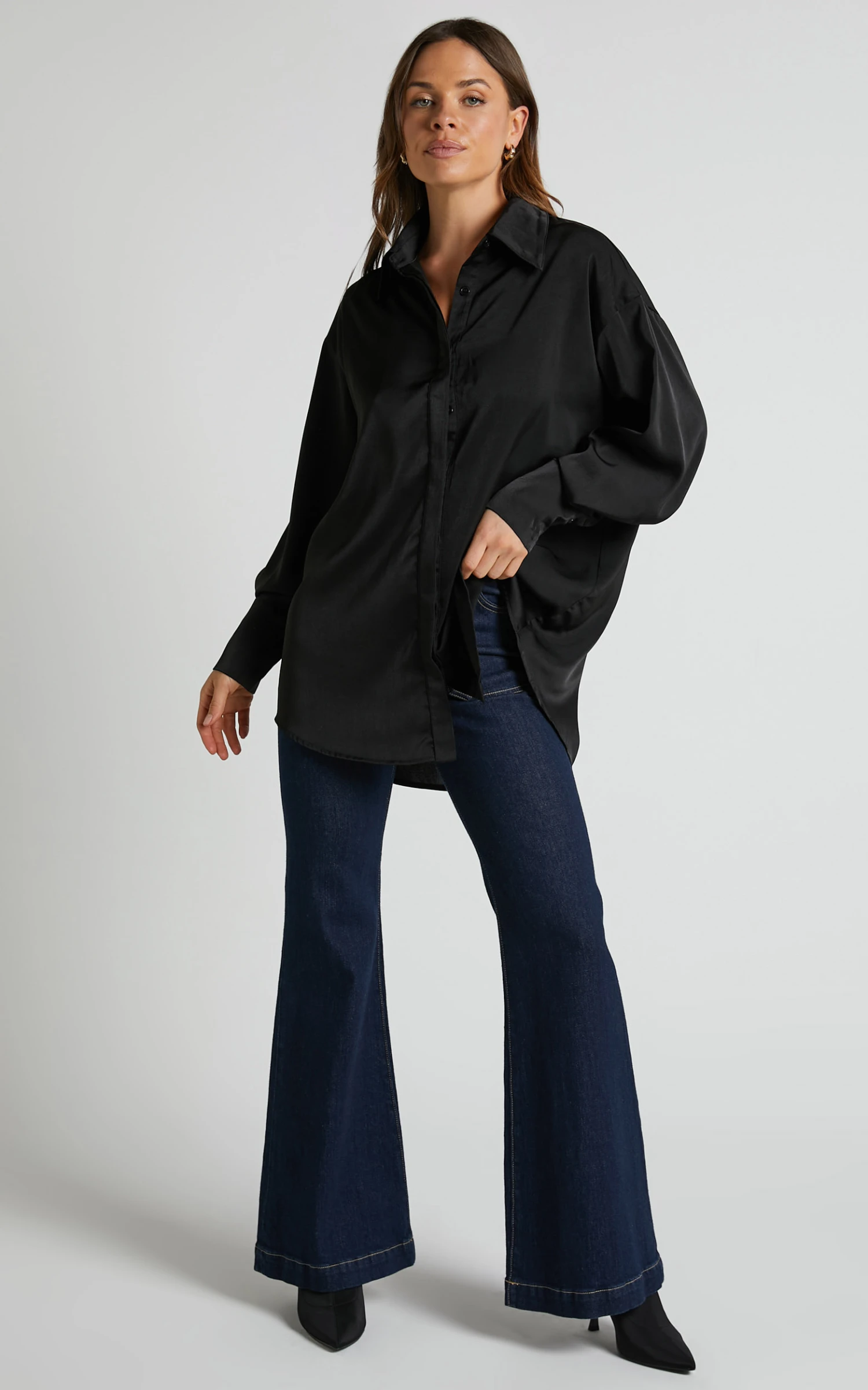Showpo Azurine Oversized Button Up Satin Shirt In Black 7 Showpo Azurine Oversized Button Up Satin Shirt In Black - Image 7