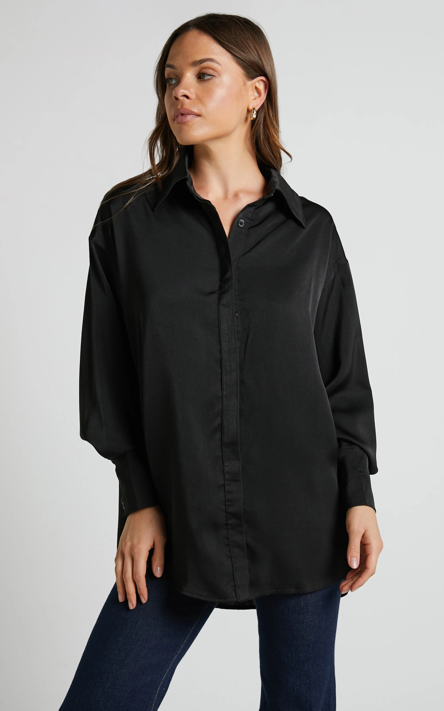 Showpo Azurine Oversized Button Up Satin Shirt In Black 4 Showpo Azurine Oversized Button Up Satin Shirt In Black - Image 4