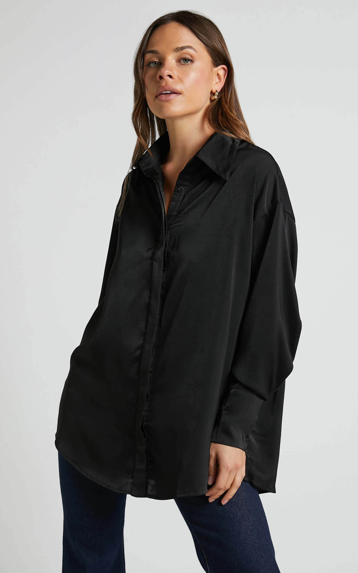 Showpo Azurine Oversized Button Up Satin Shirt In Black 2 Showpo Azurine Oversized Button Up Satin Shirt In Black - Image 2