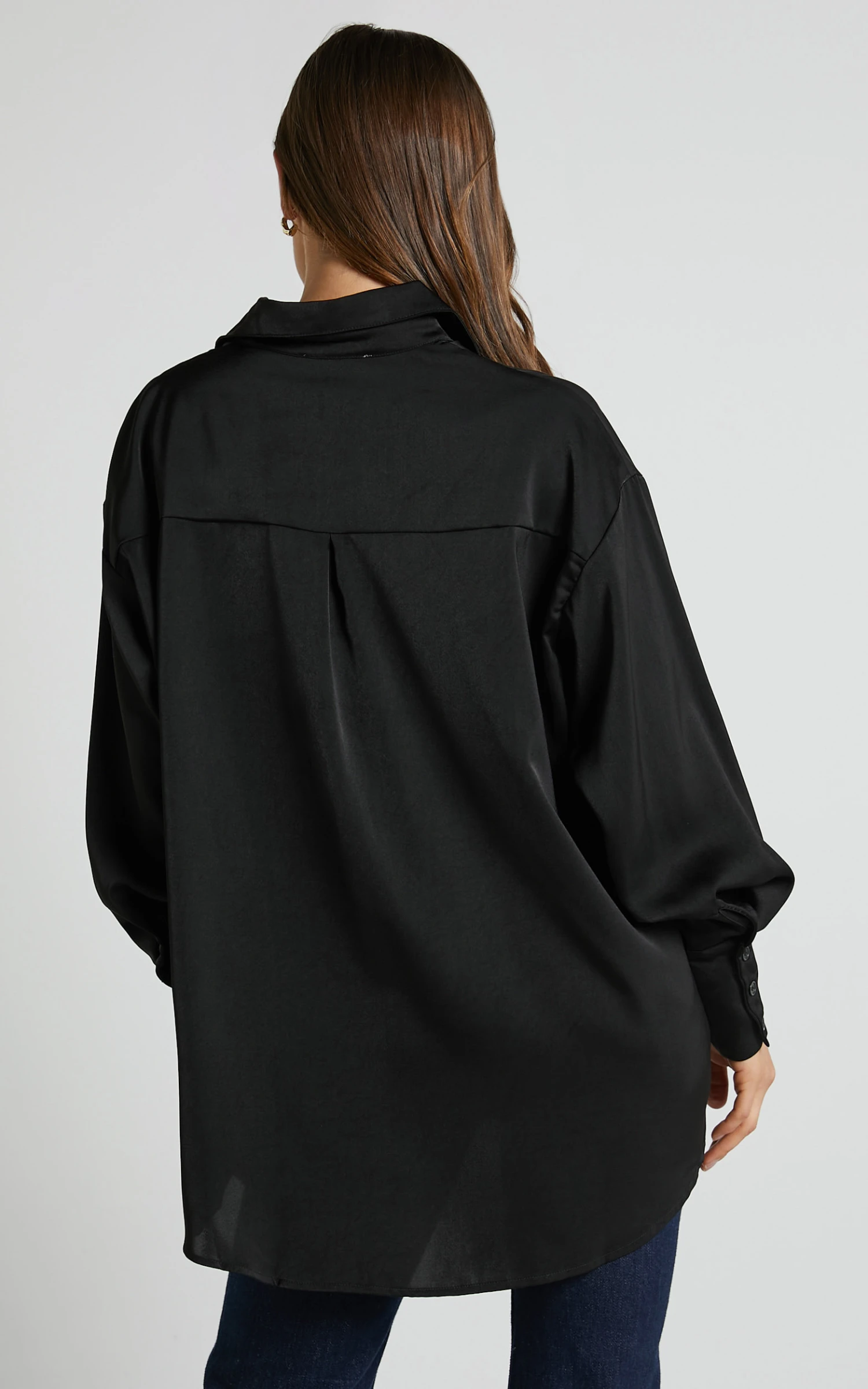 Showpo Azurine Oversized Button Up Satin Shirt In Black 8 Showpo Azurine Oversized Button Up Satin Shirt In Black - Image 8