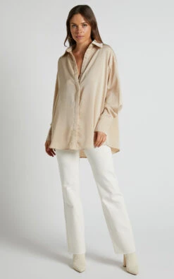 Showpo Azurine Oversized Button Up Satin Shirt In OYSTER 21 Showpo Azurine Oversized Button Up Satin Shirt In OYSTER -Showpo Women's Clothing Store Azurine Oversized Button Up Satin Shirt in OYSTER