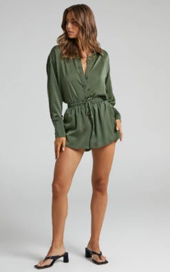 Showpo Azurine Oversized Button Up Satin Shirt In Olive 11 Showpo Azurine Oversized Button Up Satin Shirt In Olive -Showpo Women's Clothing Store Azurine Satin Shorts with Elasticated Waist in Olive 2528SB22010030022529 5