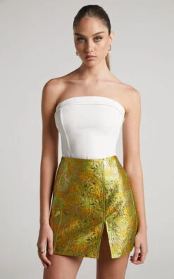 Showpo Brailey Mini Skirt - Split Jacquard Skirt In Lime