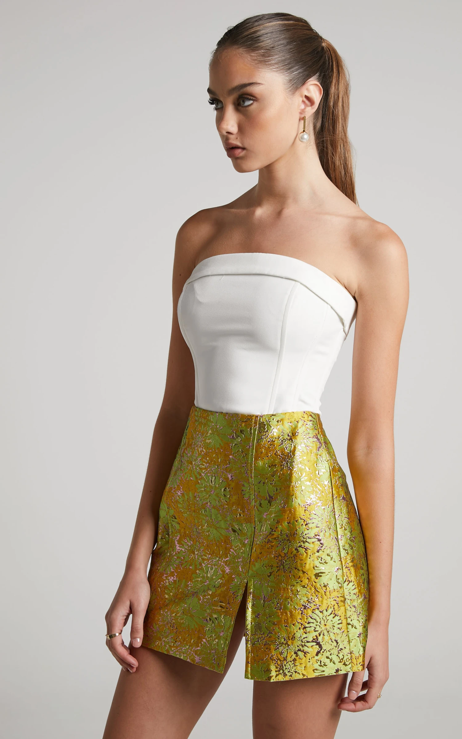 Showpo Brailey Mini Skirt - Split Jacquard Skirt In Lime 5 Showpo Brailey Mini Skirt - Split Jacquard Skirt In Lime - Image 5