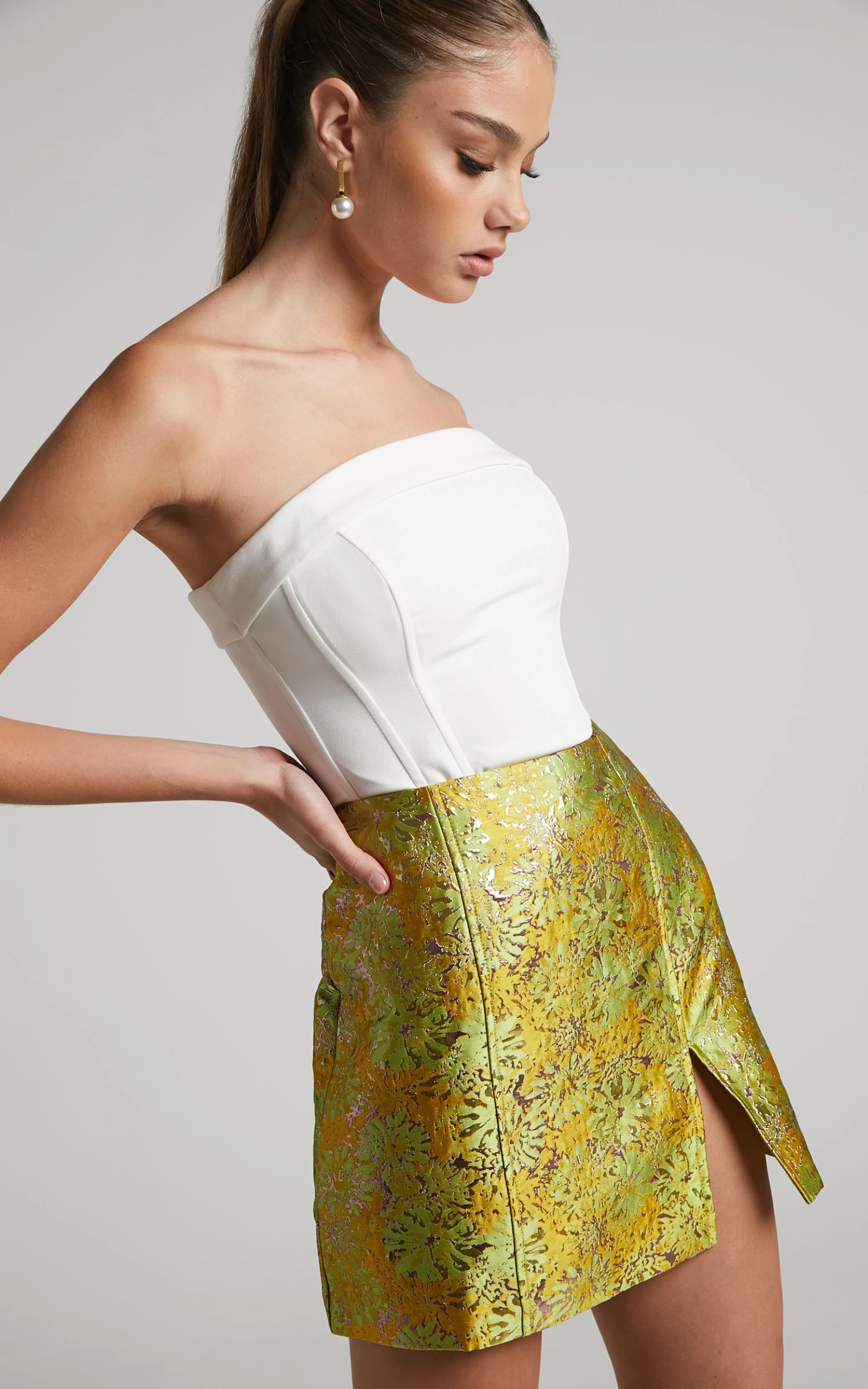 Showpo Brailey Mini Skirt - Split Jacquard Skirt In Lime 4 Showpo Brailey Mini Skirt - Split Jacquard Skirt In Lime - Image 4