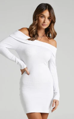 Showpo Barker Off-Shoulder Mini Dress In Cream -Showpo Women's Clothing Store Barker Off Shoulder Mini Dress in Cream SD21050042 3