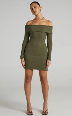 Showpo Barker Off-Shoulder Mini Dress In Khaki -Showpo Women's Clothing Store Barker Off Shoulder Mini Dress in Khaki SD21050042 1