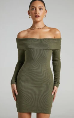 Showpo Barker Off-Shoulder Mini Dress In Khaki -Showpo Women's Clothing Store Barker Off Shoulder Mini Dress in Khaki SD21050042 10