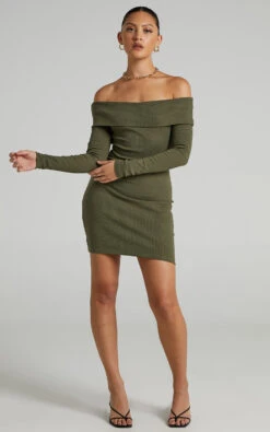 Showpo Barker Off-Shoulder Mini Dress In Khaki -Showpo Women's Clothing Store Barker Off Shoulder Mini Dress in Khaki SD21050042 2