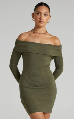 Showpo Barker Off-Shoulder Mini Dress In Khaki -Showpo Women's Clothing Store Barker Off Shoulder Mini Dress in Khaki SD21050042 3
