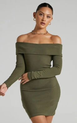 Showpo Barker Off-Shoulder Mini Dress In Khaki