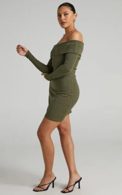 Showpo Barker Off-Shoulder Mini Dress In Khaki -Showpo Women's Clothing Store Barker Off Shoulder Mini Dress in Khaki SD21050042 6