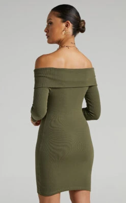 Showpo Barker Off-Shoulder Mini Dress In Khaki -Showpo Women's Clothing Store Barker Off Shoulder Mini Dress in Khaki SD21050042 7